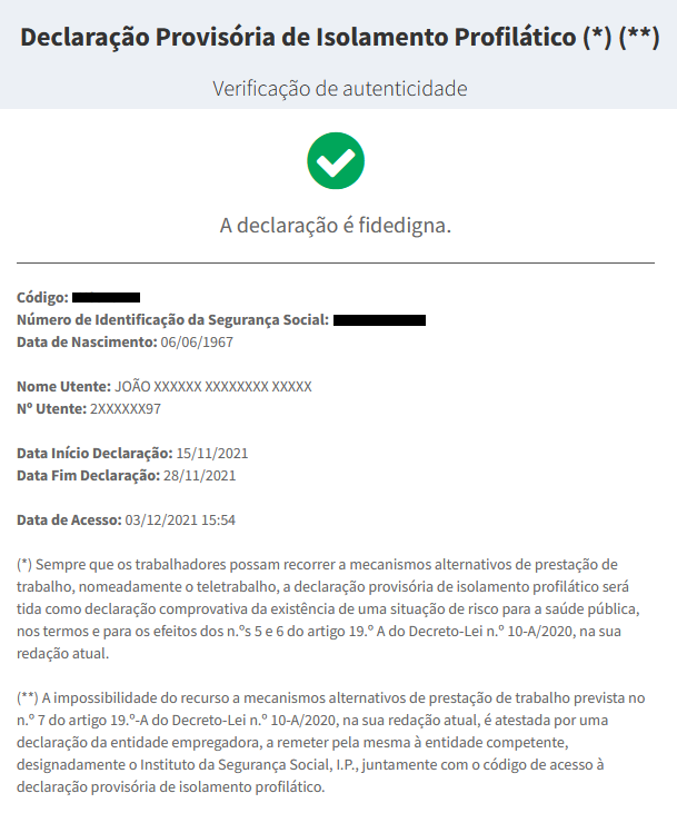 declaração provisória de isolamento profilático